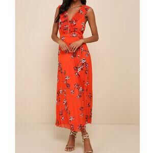 Lulus Loved by You Floral Pleated Chiffon Maxi Dress Women's XXS Orange
